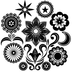 Poster - Elegant black and white floral and decorative elements arranged in a symmetrical and artistic composition against a white background