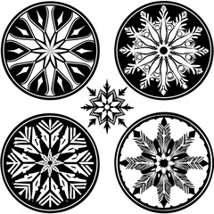 Poster - Intricate decorative snowflake designs in circular frames a detailed vector composition featuring elegant black and white elements