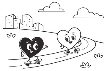 Poster - Playful heart characters skateboarding down a winding road with city skyline and clouds in a simple outlined illustration