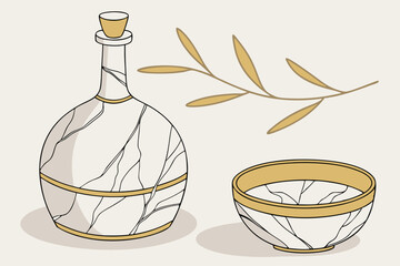 Poster - Minimalist vector illustration featuring a decorative bottle a bowl and olive branch with a clean graphic design on a neutral background.