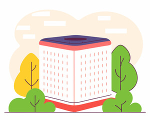 Poster - Abstract illustration of a geometric structure surrounded by stylized trees and decorative elements with transparency.