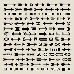 Poster - A Large Collection of Black Arrow Graphics on a Beige Background Various Styles and Directions of Arrows for Design Elements