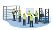 © NAZIR - Group of warehouse workers in safety vests and hard hats in a warehouse discussing inventory management