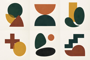 Poster - Abstract Geometric Composition: A collection of six unique, minimalist compositions features a palette of earthy tones and bold shapes arranged to inspire creativity and visual interest.