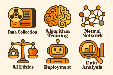 Poster - AI Icons: A collection of engaging vector icons representing crucial AI concepts. The image conveys a sense of scientific exploration.