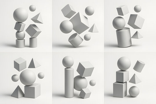 Geometric Forms: A curated selection of geometric forms floating in perfect balance, showcases the beauty of minimalism and modern design. It invokes creativity and innovation.