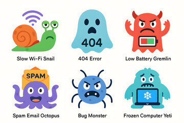 Poster - Digital Monsters: Playful icons represent common tech frustrations, embodying slow internet, errors, and other digital woes. Capturing the whimsy of modern tech challenges.