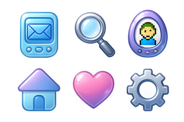 Aufkleber - Interface Icons: A collection of vibrant, stylized interface icons. Each icon is rendered with a glossy, three-dimensional effect.