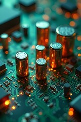 Poster - Closeup of illuminated circuit board components, showcasing vibrant teal and orange hues, vertical composition.