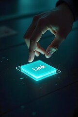 Poster - A hand hovers over a glowing cyan button labeled Link, vertical composition. The image showcases a futuristic interface with vibrant color effects and a sleek design.