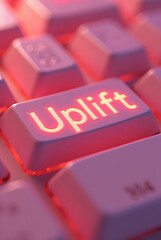 Poster - A glowing pink keyboard key displays the word Uplift, vertical composition. This closeup shot features a vibrant color palette and a shallow depth of field, ideal for technology and motivationrelated.
