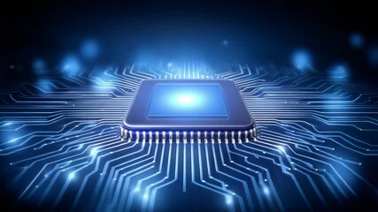 Poster - Glowing blue microchip circuit board with intricate electronic pathways and digital motherboard technology radiating advanced digital innovation
