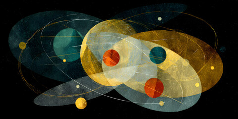 Poster - Low Light Atom Geometry: Abstract Brush Stroke Art, Geometric Atomic Shapes, Dark Artistic Painting