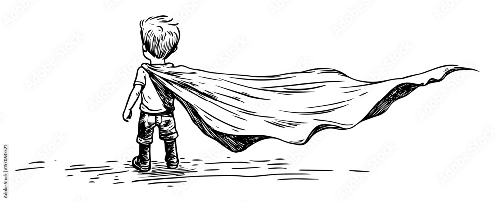 little boy superhero with flowing cape rear view illustration Stock ...