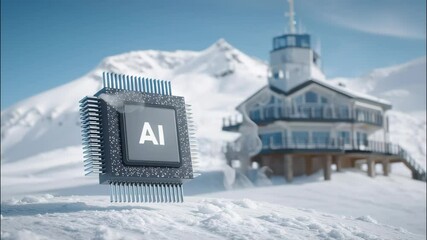 Poster - Artificial intelligence microchip floating above snowy mountain landscape with modern building background, showcasing futuristic innovation