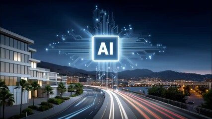 Poster - Artificial intelligence ai technology circuit chip glowing over futuristic cityscape night with light trails smart system innovation and advanced