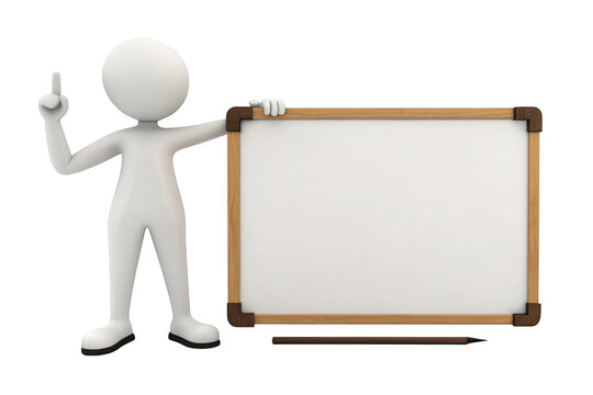 3d rendered stick figure presenting a whiteboard isolated on transparent background