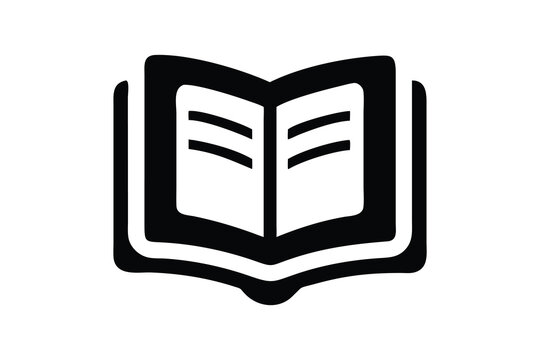 Simple black and white open book icon representing knowledge learning education and information on a clean white background