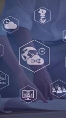 Poster - Animation of business and cloud icons data processing over diverse business people in office