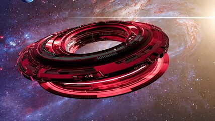 Wall Mural - futuristic red spacecraft in deep space with distant planets and cosmic background