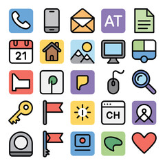 Poster - Collection of Colorful Flat Design Icons Representing Communication Technology Travel Location and More Including Phone Email Calendar Home Mountains Computer Camper Megaphone Map Pointer
