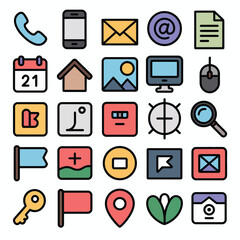 Poster - Collection of Colorful Flat Design Icons Representing Communication Technology Website and Multimedia Elements Including Phone Email Calendar House Image Computer Mouse Bookmark Location Key