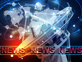 Poster - Satellite dish antenna with world map. News channel backdrop. global news.  3d illustration