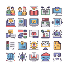 Fototapete - Collection of Colorful Flat Design Icons Representing Online Education Elearning Technology Communication and Data Analysis Concepts Featuring Diverse Symbols for Teamwork Video Lectures