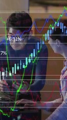 Poster - Financial data processing against diverse male and female engineer working in computer server room