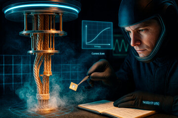 Poster - Futuristic scientist in helmet studying quantum chip under glowing experimental device with data holograms in dark high-tech lab environment. Ai generative