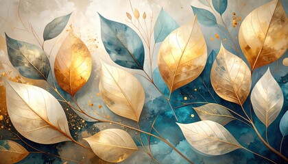 Poster - Artistic golden and blue leaves composition nature digital artwork abstract style close-up view nature's elegance and beauty
