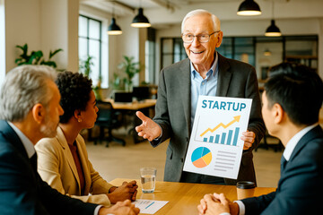 Poster - Senior businessman presenting startup growth chart to diverse team in light modern office during creative business meeting on bright background. Ai generative