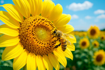 Wall Mural - close-up of bee pollinating vibrant sunflower in blooming field under sunny sky with blurred floral 