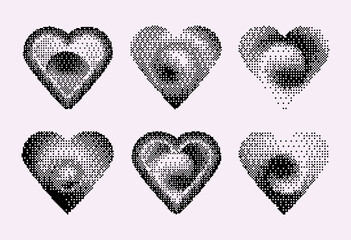 Poster - Pixel heart set in y2k style - black dotted patterns with halftone gradients for retro computer graphics aesthetic. Nostalgic 8 bit romance symbols with shading effects for valentine designs.
