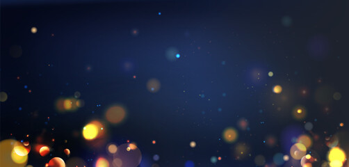 Poster - Festive bokeh lights on dark blue background - gold yellow orbs floating with bright sparkles. Blurred glowing circles and shimmering dots for celebration wallpaper or holiday party backdrop design.