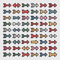 Poster - Collection of Fifty Colorful Arrows Diverse Styles and Designs Right Pointing Direction Indicators Pastel Tones Red Orange Yellow Green Blue Purple Teal