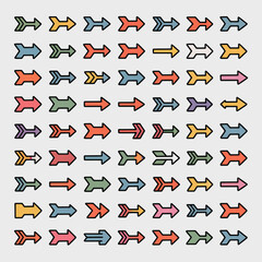 Poster - Collection of Fifty Diverse Colorful Arrows in a Grid Pattern on a Light Gray Background Various Arrow Styles and Directions Illustrated with Bold Outlines and Pastel Fill Colors Each Arrow