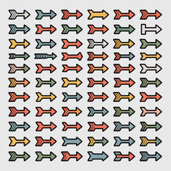 Poster - Collection of Fifty Diversely Colored Arrows Arranged in a Grid Pattern on a Light Gray Background Each Arrow Features a Unique Design and Color Combination Displaying a Variety of Styles