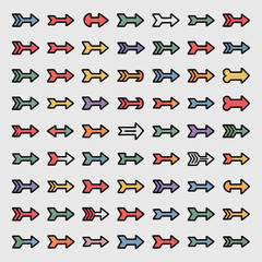 Poster - Collection of Fifty Diverse Colorful Arrows in a Grid Pattern Pastel Hues Geometric Shapes Simple Line Art Design Elements for Web and Print
