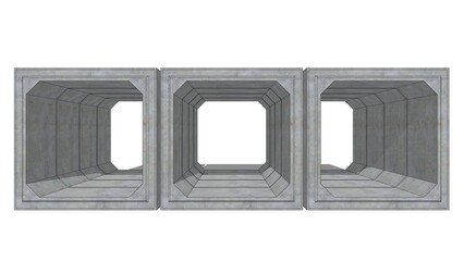 Fototapete - 3D isometric image of three 200cm x 200cm x 120cm gray concrete box culverts extending into the distance, set against a white set, defining precast drainage components ready for technical installation