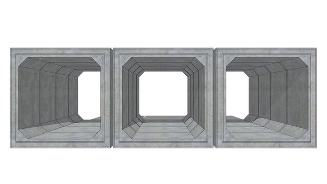 3D isometric image of three 200cm x 200cm x 120cm gray concrete box culverts extending into the distance, set against a white set, defining precast drainage components ready for technical installation