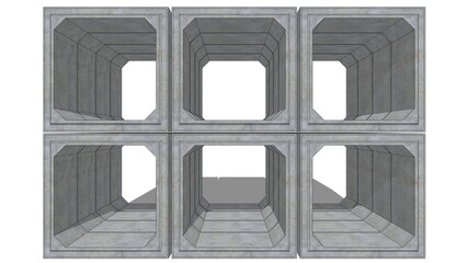 Fototapete - 3D isometric image of six 200cm x 200cm x 120cm gray concrete box culverts, stacked in two rows, from a front-side angle against a white set, defining precast drainage components for technical diagram