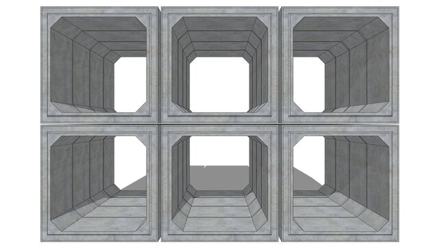 3D isometric image of six 200cm x 200cm x 120cm gray concrete box culverts, stacked in two rows, from a front-side angle against a white set, defining precast drainage components for technical diagram