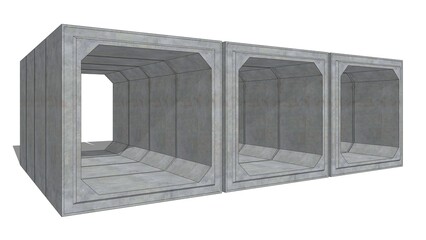 Fototapete - 3D isometric image of three 200cm x 200cm x 120cm gray concrete box culverts extending into the distance, set against a white set, defining precast drainage components ready for technical installation