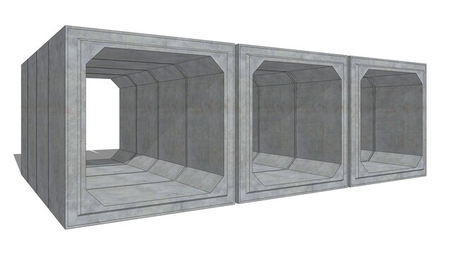 3D isometric image of three 200cm x 200cm x 120cm gray concrete box culverts extending into the distance, set against a white set, defining precast drainage components ready for technical installation