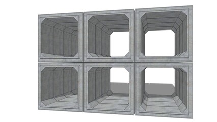 Fototapete - 3D isometric image displays an arrangement of six 200cmx200cmx120cm gray concrete box culverts, stacked in two rows, set against a white set, defining precast drainage components for product catalogs