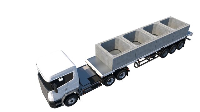 3D isometric image depicts a white semi-truck with a flatbed trailer loaded with four large 200cm x 200cm x 120cm box culverts, set against a white set, defining heavy construction material transport