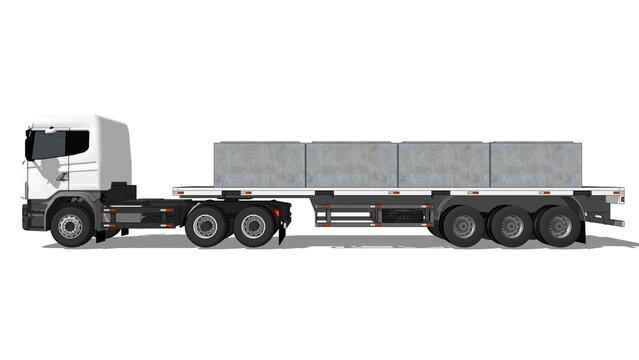 3D image depicts a white semi-truck with a flatbed trailer from the side, loaded with four 200cm x 200cm x 120cm concrete box culverts set against a white set, defining heavy material transport