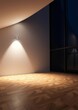 © Creative Canvas - A modern empty room at night with a dim light on the white wall parquet floor and a window Empty room interior design architecture blank design room striking structures clean lines geometric