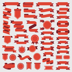 Poster - Collection of Red and Maroon Ribbons Banners Labels and Badges Design Elements for Branding and Decoration Flat Style Vector Illustration Set